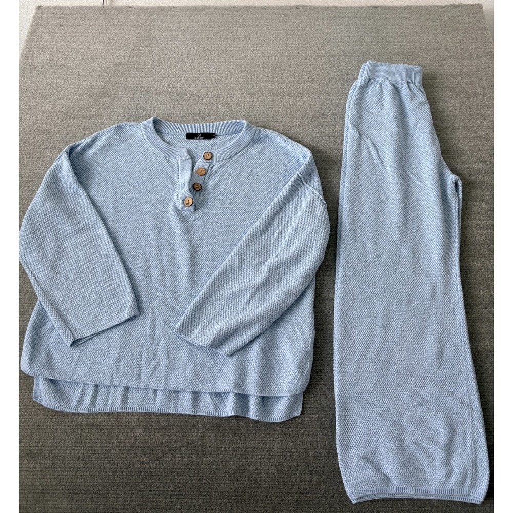 LILLUSORY Lounge Set Womens 2 Piece Matching Blue Knit S Henley Top Wide Leg